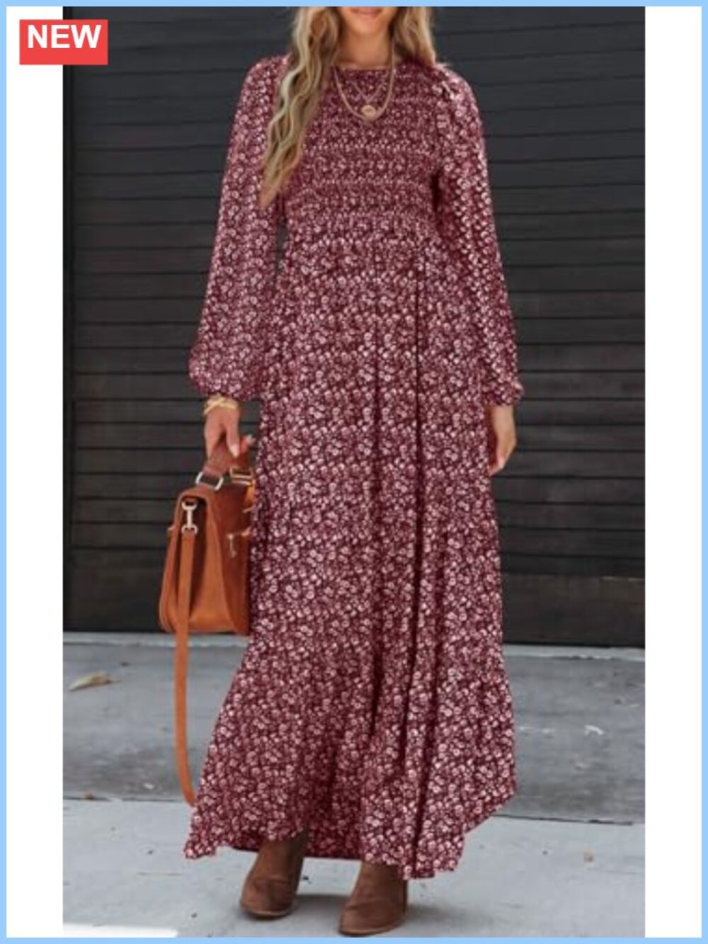 Long Sleeve Floral Maxi Dress Smocked A-Line Casual Fall Outfit - Picture 3 of 6